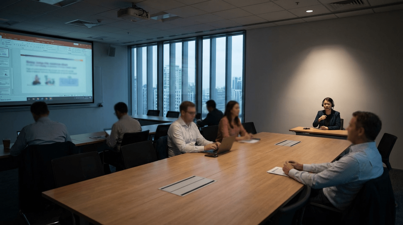 People attending a corporate training session in a modern office with a city view.