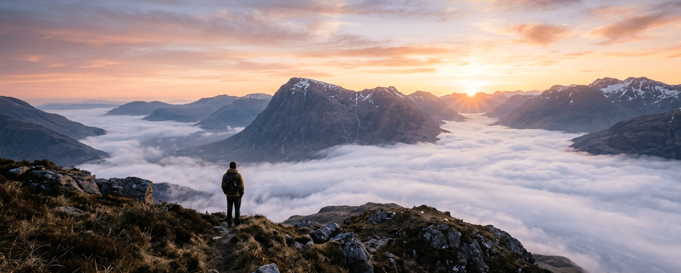 Hiker standing on rocky mountain ridge overlooking sunlit mountains and low clouds
