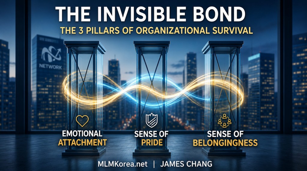 A cinematic corporate infographic set against the nighttime Seoul skyline, featuring three tall glass pillars connected by glowing blue and gold energy waves. Large headline text reads ‘THE INVISIBLE BOND’ with the subtitle ‘THE 3 PILLARS OF ORGANIZATIONAL SURVIVAL.’ Each pillar represents a core concept: Emotional Attachment, Sense of Pride, and Sense of Belongingness, displayed with matching icons and bold typography. In the background are recognizable Seoul landmarks including N Seoul Tower and Lotte World Tower. At the bottom, the text reads ‘MLMkorea.net | JAMES CHANG.’ The overall design uses sleek blue tones, modern lighting, and a futuristic professional aesthetic.