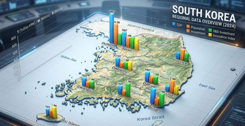 3D South Korea map with bar charts for GDP, population, investment, R&D, and innovation by region