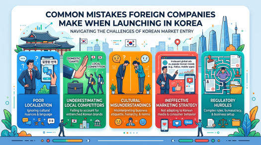 Common mistakes foreign companies make entering Korean market including poor localization, underestimating local competition, cultural misunderstandings, ineffective marketing, and regulatory hurdles