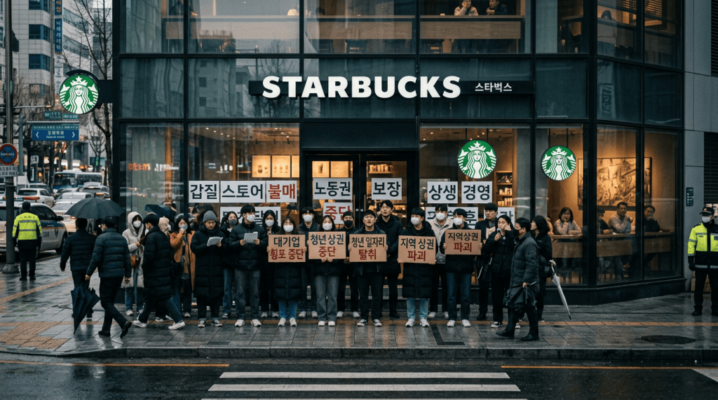 Group of protesters outside Starbucks holding signs with Korean texts