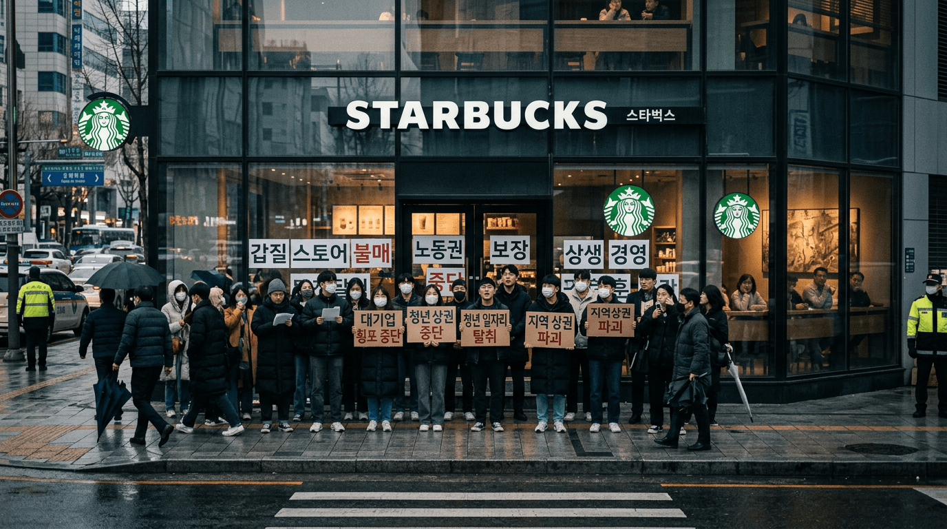 Group of protesters outside Starbucks holding signs with Korean texts
