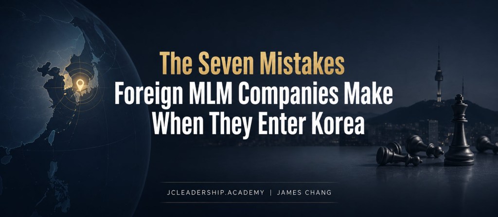 짙은 네이비와 블랙 톤의 미니멀한 16:7 히어로 배너. 중앙에는 **'The Seven Mistakes Foreign MLM Companies Make When They Enter Korea'**라는 제목이 금색과 흰색의 대비를 활용해 크게 배치되어 높은 가독성을 제공한다. 왼쪽에는 대한민국이 강조된 디지털 지구본이 글로벌 시장과 한국 진출을 상징하며, 오른쪽에는 야간 서울 스카이라인과 남산서울타워가 배경으로 보인다. 전면에는 쓰러진 체스 말들과 홀로 서 있는 검은 킹이 배치되어 해외 MLM 기업의 한국 시장 진출 전략과 성공·실패의 갈림길을 상징한다. 하단 중앙에는 'JCLEADERSHIP.ACADEMY | JAMES CHANG' 브랜드명이 배치되어 있으며, 전체적으로 프리미엄 비즈니스 프레젠테이션 스타일의 미래지향적이고 전략적인 분위기를 연출한다.