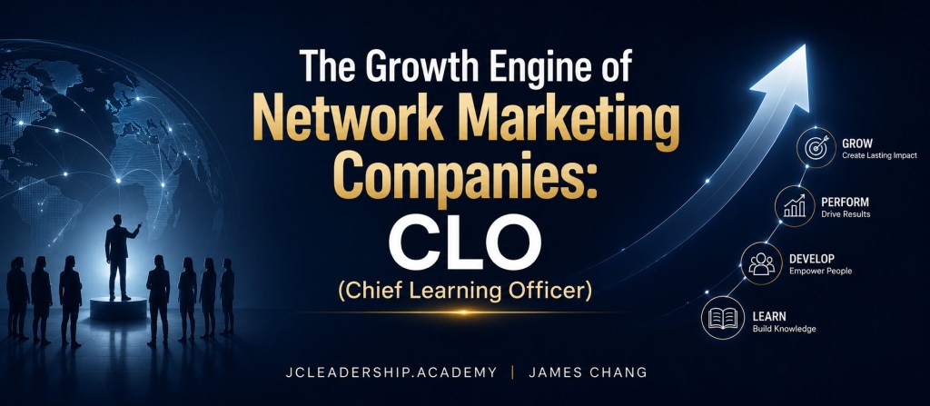 The Growth Engine of Network Marketing Companies: CLO (Chief Learning Officer) hero banner featuring a corporate leadership team, global digital network, and upward growth arrow symbolizing learning, leadership development, performance, and business growth. The presentation-style banner highlights the strategic role of the Chief Learning Officer (CLO) in building scalable training systems, developing leaders, and driving sustainable success in network marketing organizations. Branded with JCLEADERSHIP.ACADEMY | JAMES CHANG.