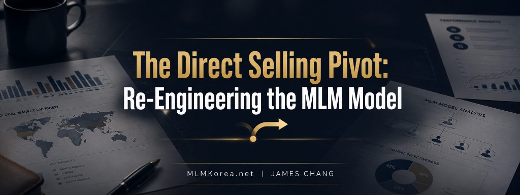 Executive-style hero banner for MLM industry leaders featuring “The Direct Selling Pivot: Re-Engineering the MLM Model”. The image shows business analysis documents, global market charts, MLM model analysis, channel effectiveness data, and performance insights arranged on a dark executive desk. A gold pivot-arrow symbol represents strategic transformation in the direct selling industry. The bottom displays “MLMKorea.net | JAMES CHANG.”